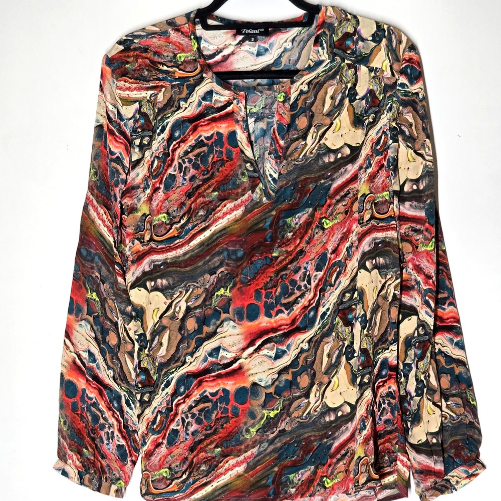 Tolani Bohemian Abstract Print Silk Tunic Blouse Flowy‎ Luxe Womens S